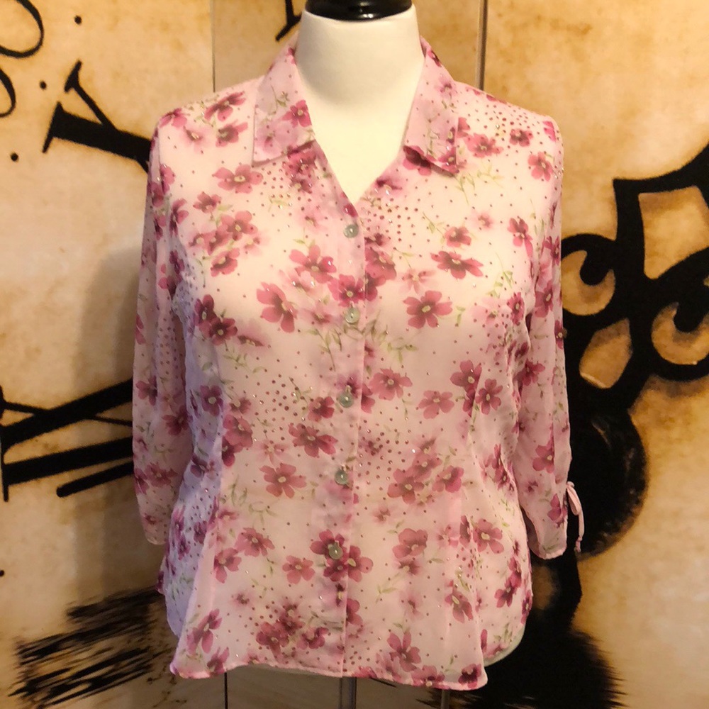 Sheer Pink Floral Sparkly Blouse